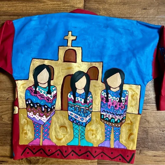 Jo Dufo ~1989 ~Hand-Painted Red/Multi-Colors Native American Indian Large Jacket